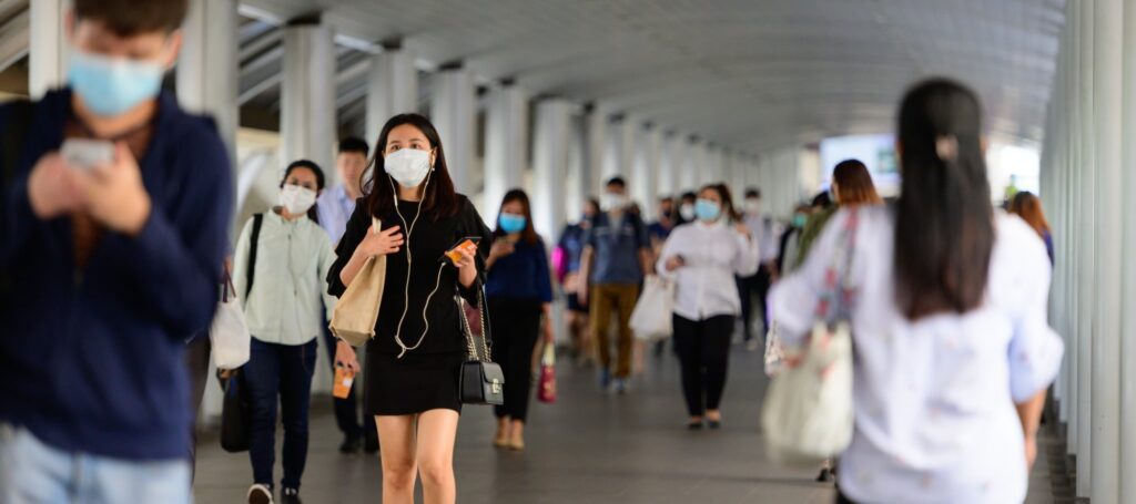 people wearing face protection from infection of corona virus
