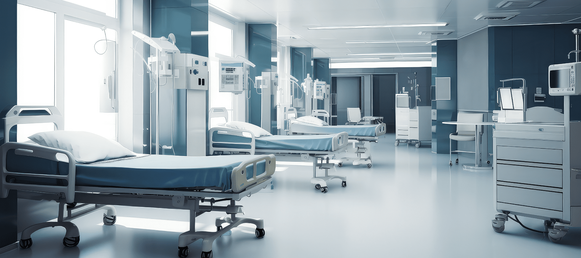 Empty hospital beds in hallway